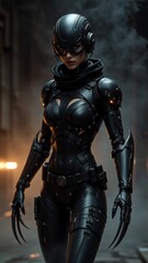 Naklejka premium woman futuristic looking outfit she standing alleyway building background woman wearing black helmet futuristic design which appears metal has sleek shiny appearance helmet has large visor covers her