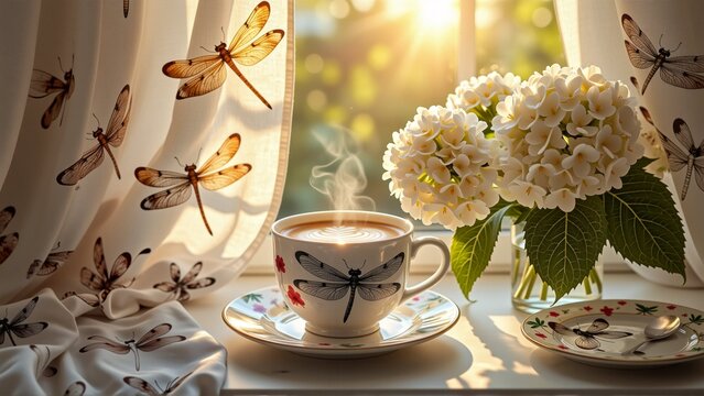 window sill cup coffee vase white hydrangea flowers cup white black dragonfly design placed saucer saucer has floral pattern spoon saucer next window covered white curtain pattern orange dragonflies