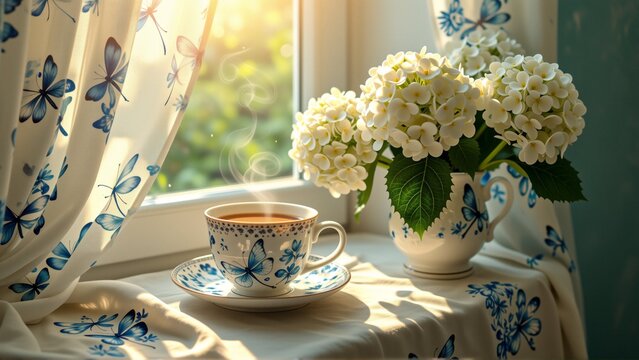 window white curtain blue butterflies window sill white vase bunch white hydrangea flowers next vase two blue white teacups saucers teacup saucer window covered blue tablecloth floral pattern