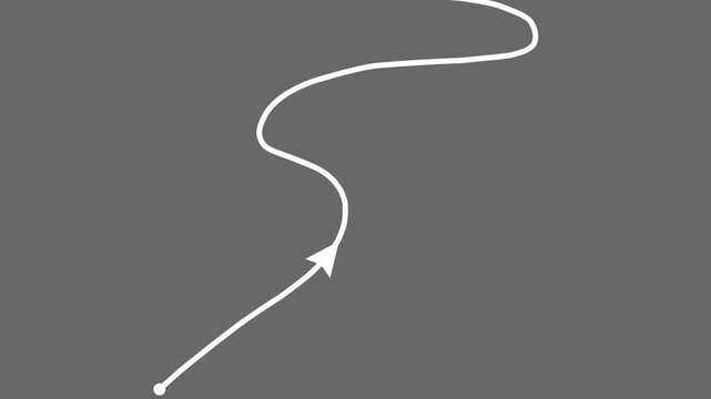 White curved arrow path animation on a grey background, winding route motion graphic, business journey process, success growth indicator, goal strategy direction, professional.
