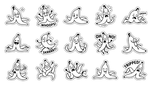 Cartoon Banana Peel Sticker Collection with Funny Slippery Fruit Characters Vector Set