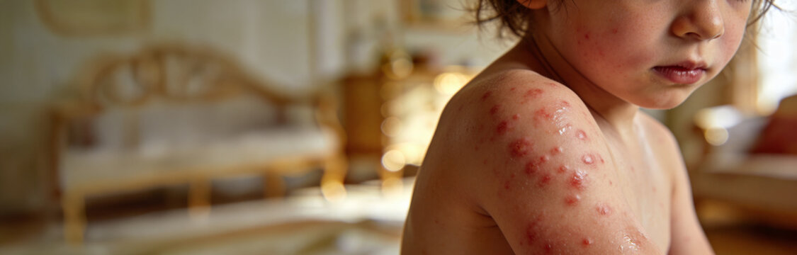 Child with varicella rash on shoulder. Sad kid suffering from chickenpox infection on skin. Viral disease symptoms in dermatology, healthcare and medical diagnosis concept. Home treatment.