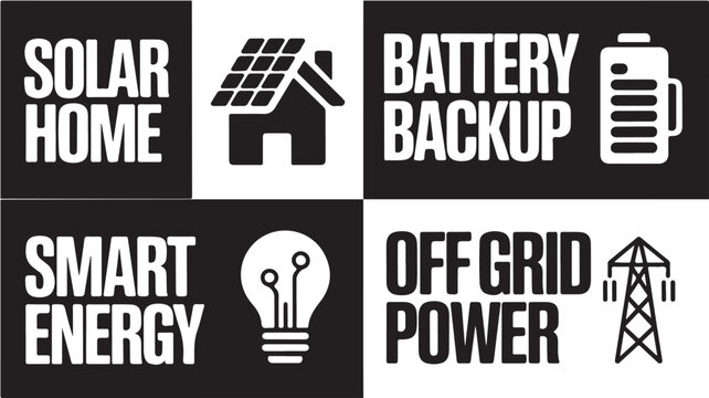 Black and white 2x2 grid design with renewable energy icons and phrases