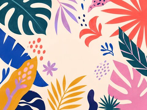 Colorful botanical cutout collage border with tropical leaves and copy space