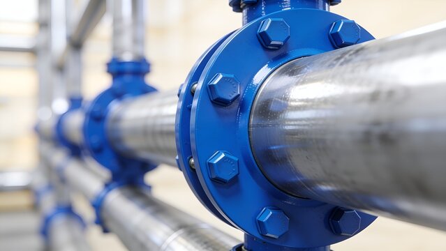 Industrial steel pipe system featuring bright blue painted flanges and heavy duty hexagonal metal bolts captured in a close up side view for engineering infrastructure designs