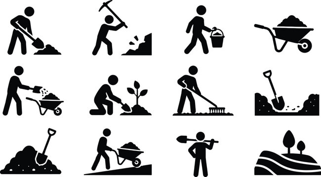 Black and white vector illustration set showcasing stick figure characters performing various gardening construction and manual labor construction tasks