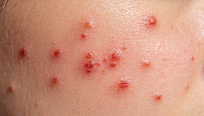 Fototapeta premium Close up of measles rash on skin of woman. Symptoms of viral infection, red itchy spots and blisters. Healthcare and medical dermatology concept for diagnosis of contagious disease.