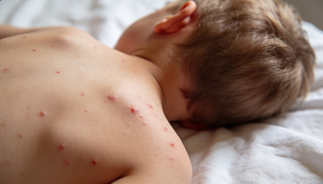 Child with measles lying on bed. Clinical view of viral rash on boy skin showing red spots and papules. Medical diagnosis of contagious disease, pediatric health and immunization concept.