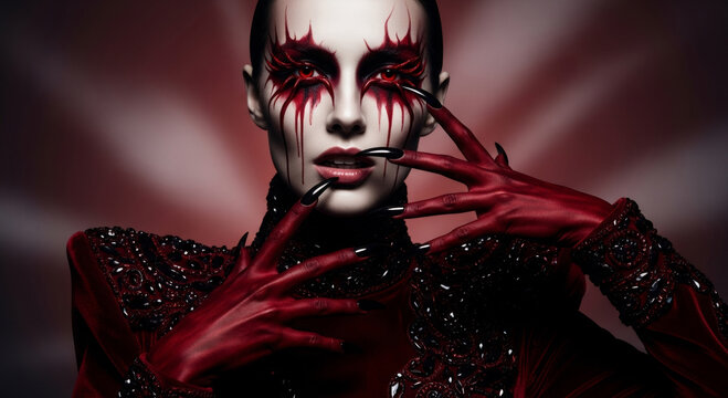 Woman with red makeup and red hands with black sharp nails. Banner design, fashion magazine shoot, haute couture portrait for Halloween, horror concept of evil demon art.