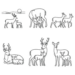 Fototapeta premium Minimalist single line drawings of deer family members for creative print design