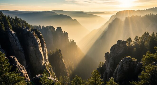 Golden sunrise light beams over misty mountain peaks and pine forests