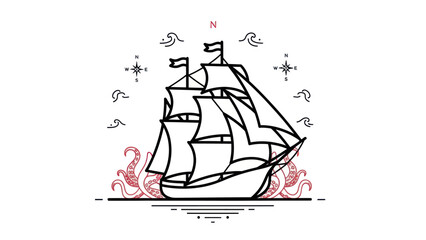 Stylized Sailing Ship Attacked by Giant Kraken Tentacles © kc
