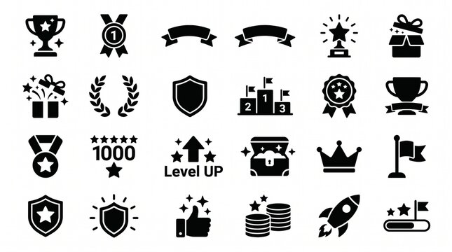 Vector illustration set of gaming rewards and achievement icons including trophy, medal, shield, level up badge, treasure chest, and crown symbols.
