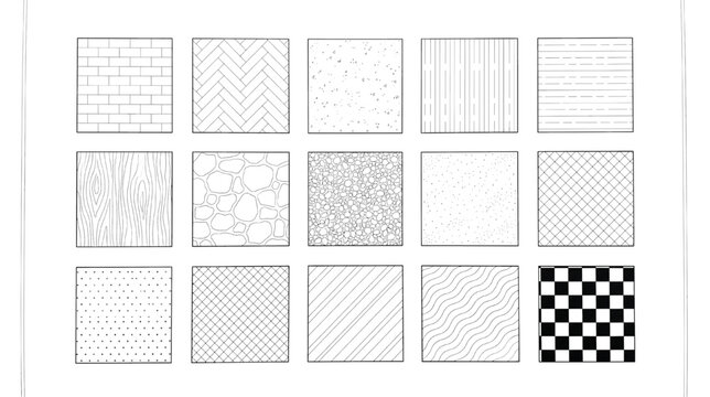 A comprehensive CAD pattern library offering diverse monochromatic textures and hatch designs for architectural drafting and engineering schematics