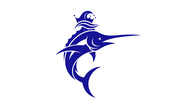 Stylized blue marlin with a crown and wave elements.