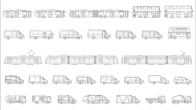 Diverse CAD block collection of urban transportation vehicles including buses, trams, and commercial vans for architectural planning and technical design