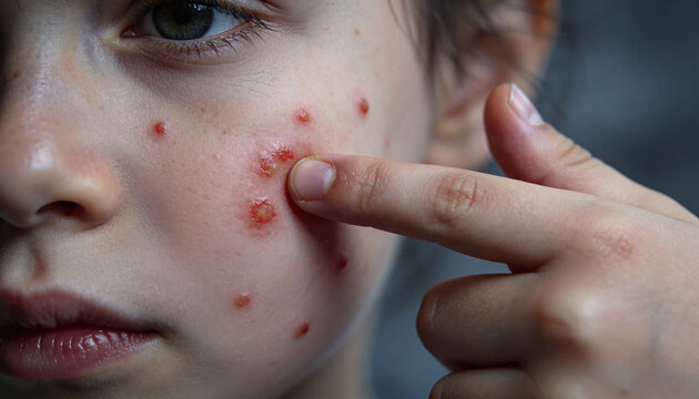 Child face with red skin rash and skin spots. Kid touching irritated skin with fingers. Measles viral infection, dermatology, medical symptom of illness and health care concept.