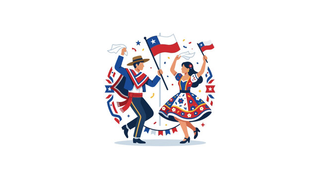 Chilean Cueca Dancers Celebrating Independence Day with National Flags