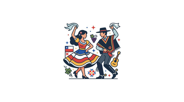 Chilean Cueca Dancers Illustration for Fiestas Patrias Celebration