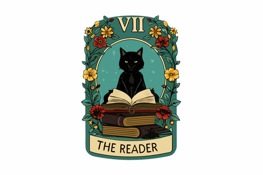 Tarot Card Illustration With Black Cat Books And Floral Ornament