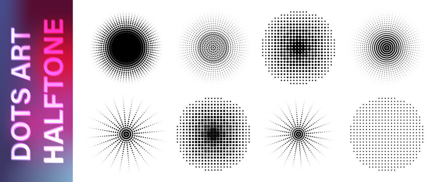 Abstract dotted round patterns pack. Round and square dots halftones retro style gradients.  Spray gradation circular effects set. Vector illustration