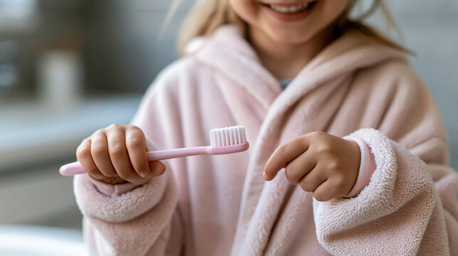 Anonymous girl child in a bathroom smiling with a toothbrush for morning routine and oral hygiene, dental health and wellness in childhood concept, faceless, defocused, with copy