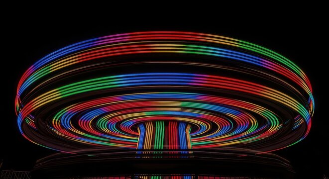 Thrilling amusement ride spinning quickly in the darkness. Long exposure creates vibrant streaks of colorful light, suggesting speed and excitement, amusement, photography, kinetic