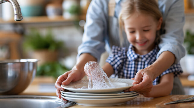 Anonymous parent and child washing a plate together in the home kitchen, responsibility and helping hand in housework and development concept, faceless, defocused, with copy space