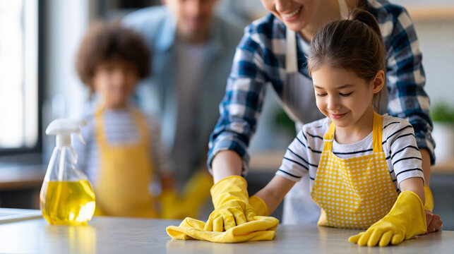Anonymous Asian family helping clean their house together, family housework and bonding concept, faceless, defocused, with copy space