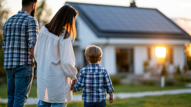 Anonymous family standing in front of a house with solar panels at sunset, sustainable living and renewable energy concept, faceless, defocused, with copy space