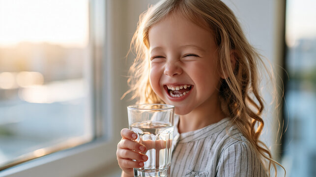 Anonymous little child laughing while holding a glass of water near a sunlit window, portrait of joyful childhood and healthy hydration concept, faceless, defocused, with copy
