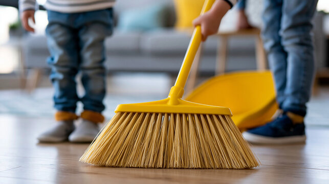 Anonymous young boy sweeping the floor with a broom and dustpan indoors, child helping with household chores concept, faceless, defocused, with copy space