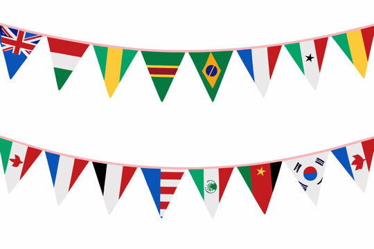 World flags pennant banner set against a white background