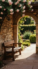 Fototapeta premium Stone archway frames garden path with blooming pink roses arching over a wooden bench. Sunlight dapples the serene courtyard, inviting peaceful rest in floral beauty. Natural calm awaits.