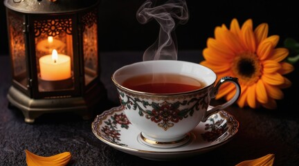 Fototapeta premium Warm tea in ornate cup with steam, next to lit lantern and bright flower. Cozy mood, relaxed atmosphere, soft light, floral decor, elegant setting. Peaceful drink ritual.