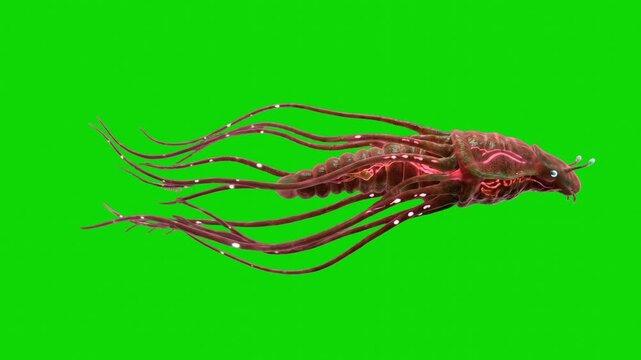 The glowing reddish-pink tentacles and segmented tail of a bioluminescent prehistoric marine worm or alien parasite undulate dynamically against a green screen backdrop. This eerie, high-definition 3D