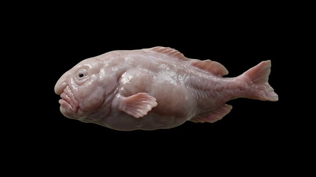 A detailed 3D animated blobfish floats lazily in place against a solid black backdrop, showcasing its unique pale pink gelatinous skin and droopy facial features. This rare deep-sea marine biology ass