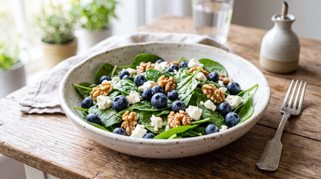 Fresh healthy salad bowl with blueberries spinach nuts and greens on wooden table minimalist setting
