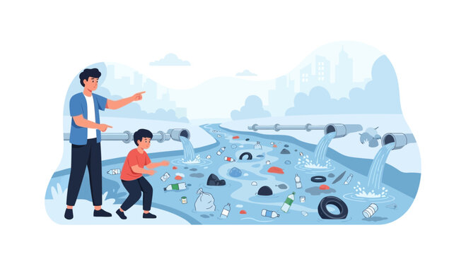 Father and son observe polluted river flowing from industrial pipes into city.