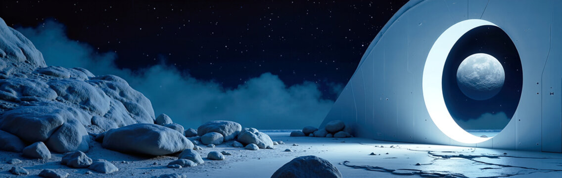 Futuristic white structure with a circular opening on a rocky landscape. Cratered moon framed against a deep indigo starry sky. Sci-fi space observatory