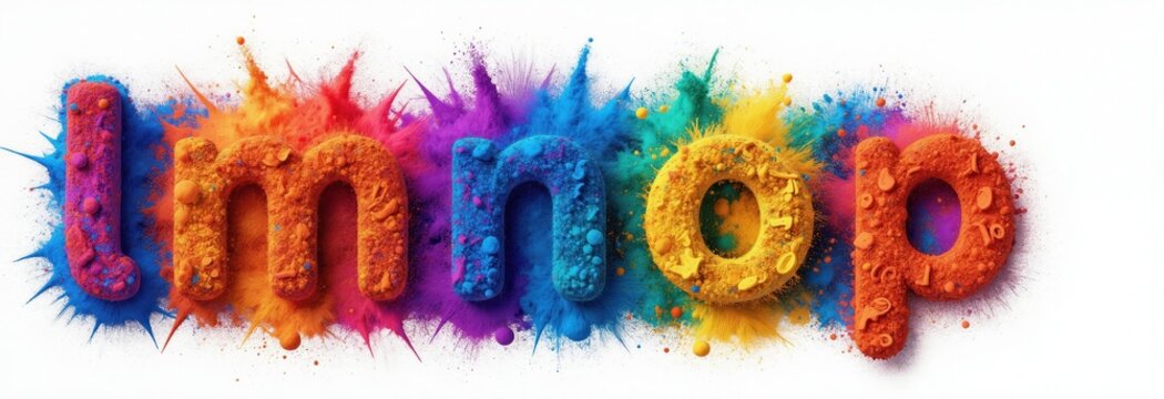 Letters L M N O P explode with vibrant color powder on white background. Creative text effect with orange blue purple yellow dust clouds. Festive abstract concept.