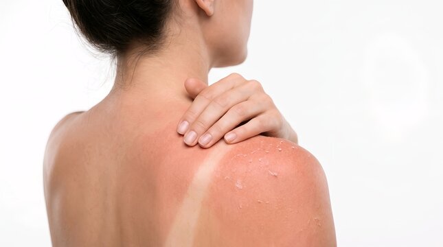 Sunburned Shoulder and Distinct Tan Line on Upper Back