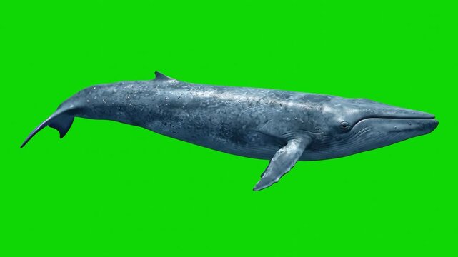 A side view of a realistic 3D animated blue whale swimming slowly, moving its tail fin and flippers. The massive marine mammal is isolated on a solid green screen backdrop for professional video editi
