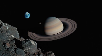 Fototapeta premium Ringed planet and small Earth float in dark starry space. Rocky asteroid foreground. Cosmic voyage, alien world exploration, distant planets and space travel.