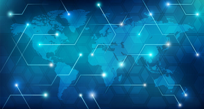 Glowing world map - blue concept of connectivity and information integration, data transfer, digital communication, connected trade or technology in finance, system integration, futuristic tech.