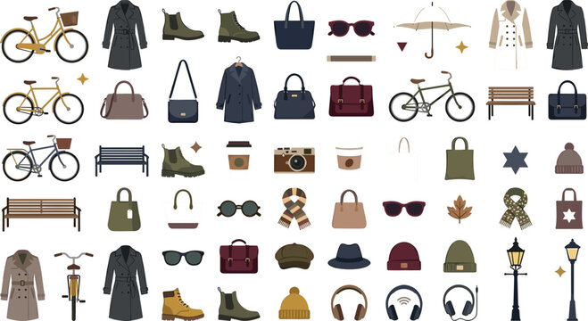 Flat pack icons set of urban lifestyle items and accessories