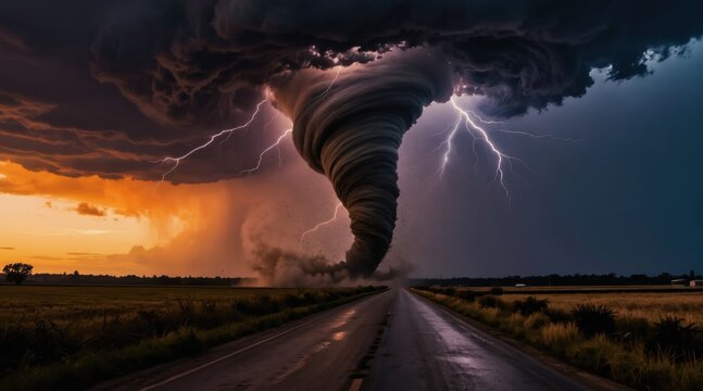 Massive tornado with lightning rips through rural landscape. Dark storm clouds loom over a wet road and fields. Powerful windstorm causes destruction and chaos in nature.