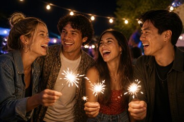 Fototapeta premium Young friends holding sparklers at outdoor evening party