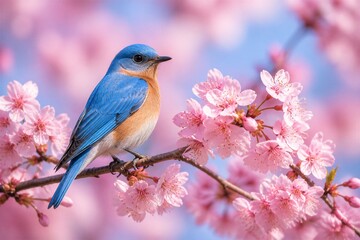 Obraz premium Bluebird perched on cherry blossom branch in spring garden