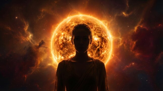 Silhouette of woman against fiery solar eclipse